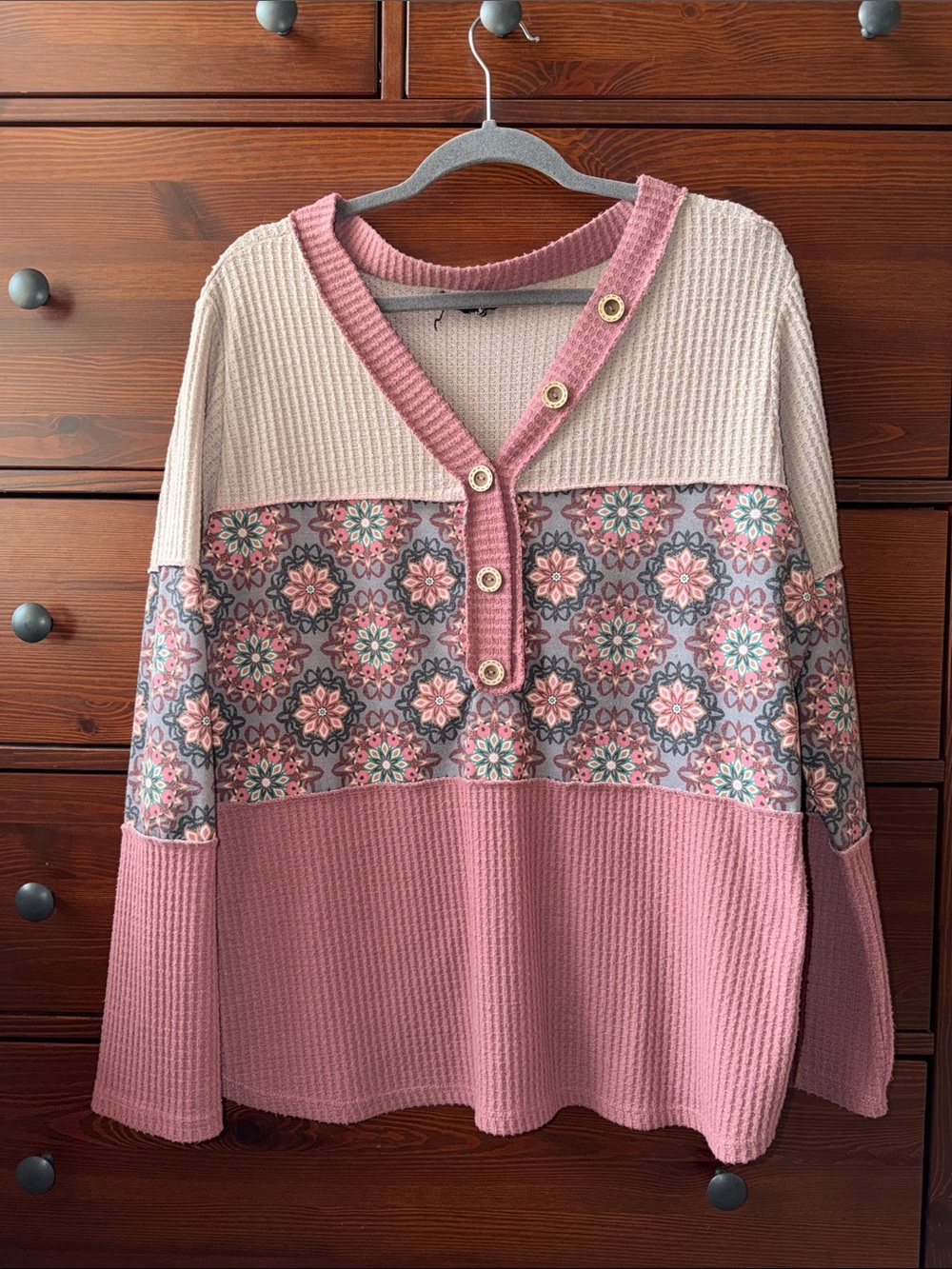 Mixed Media Boho Floral Henley Pullover Waffle Knit 1X Heimish USA